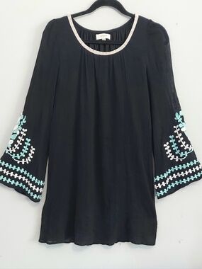 Umgee Mini Long Sleeve Black Dress Embroidered Balloon Sleeve Boho Large